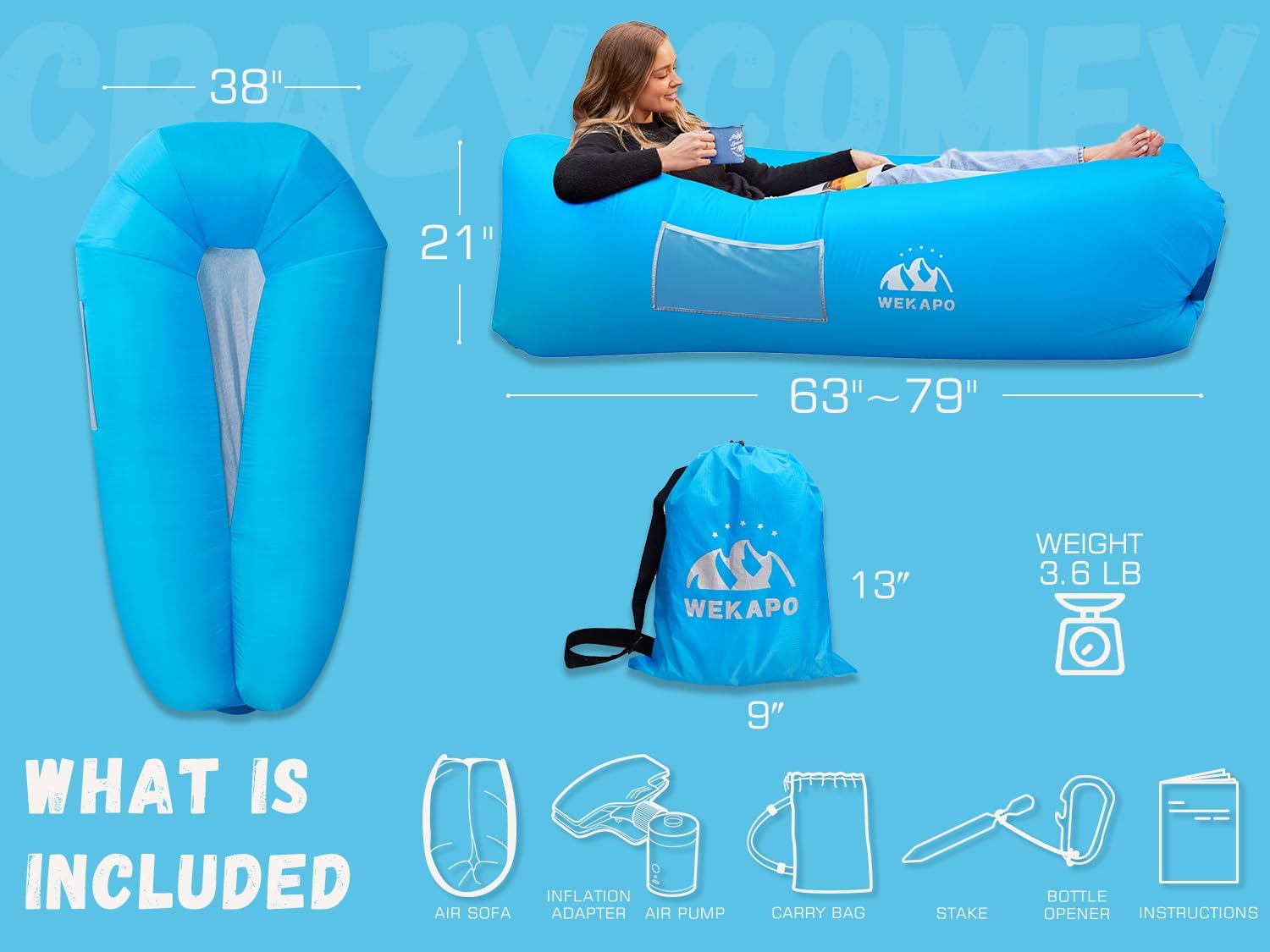 WEKAPO Inflatable Couch with Pump,Blue