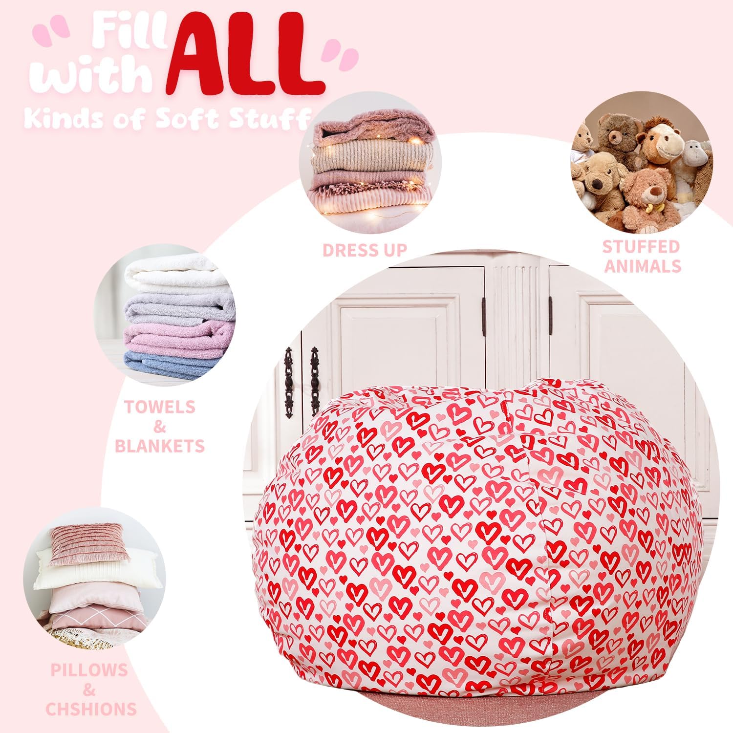 WEKAPO Stuffed Animal Storage Bean Bag Cover,Heart