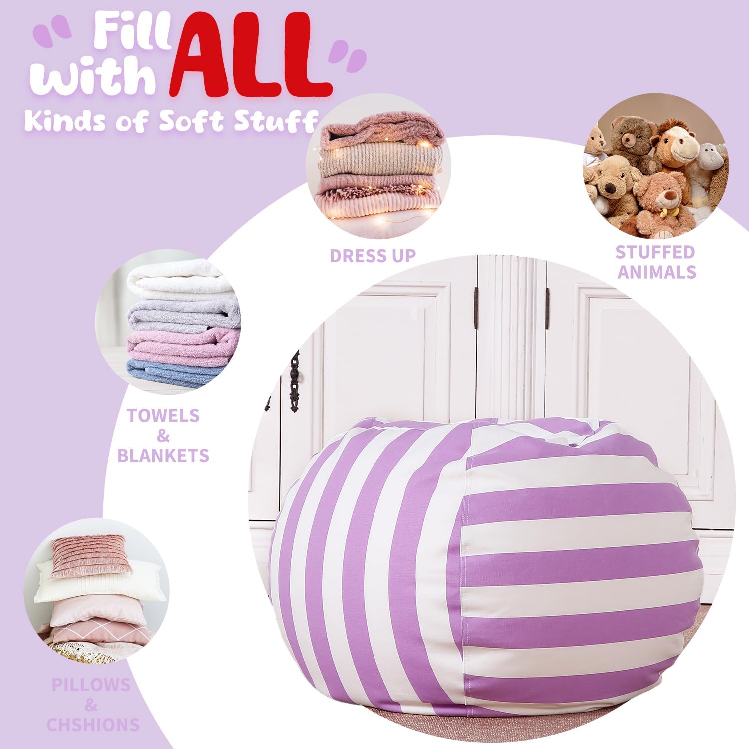 WEKAPO Stuffed Animal Storage Bean Bag Cover,Purple Stripes
