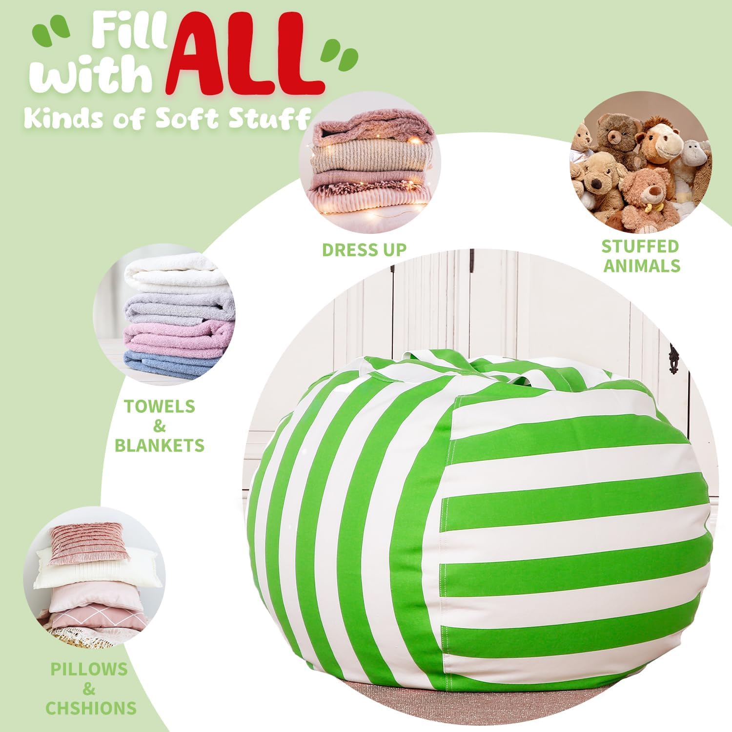 WEKAPO Stuffed Animal Storage Bean Bag Cover,Green Stripes