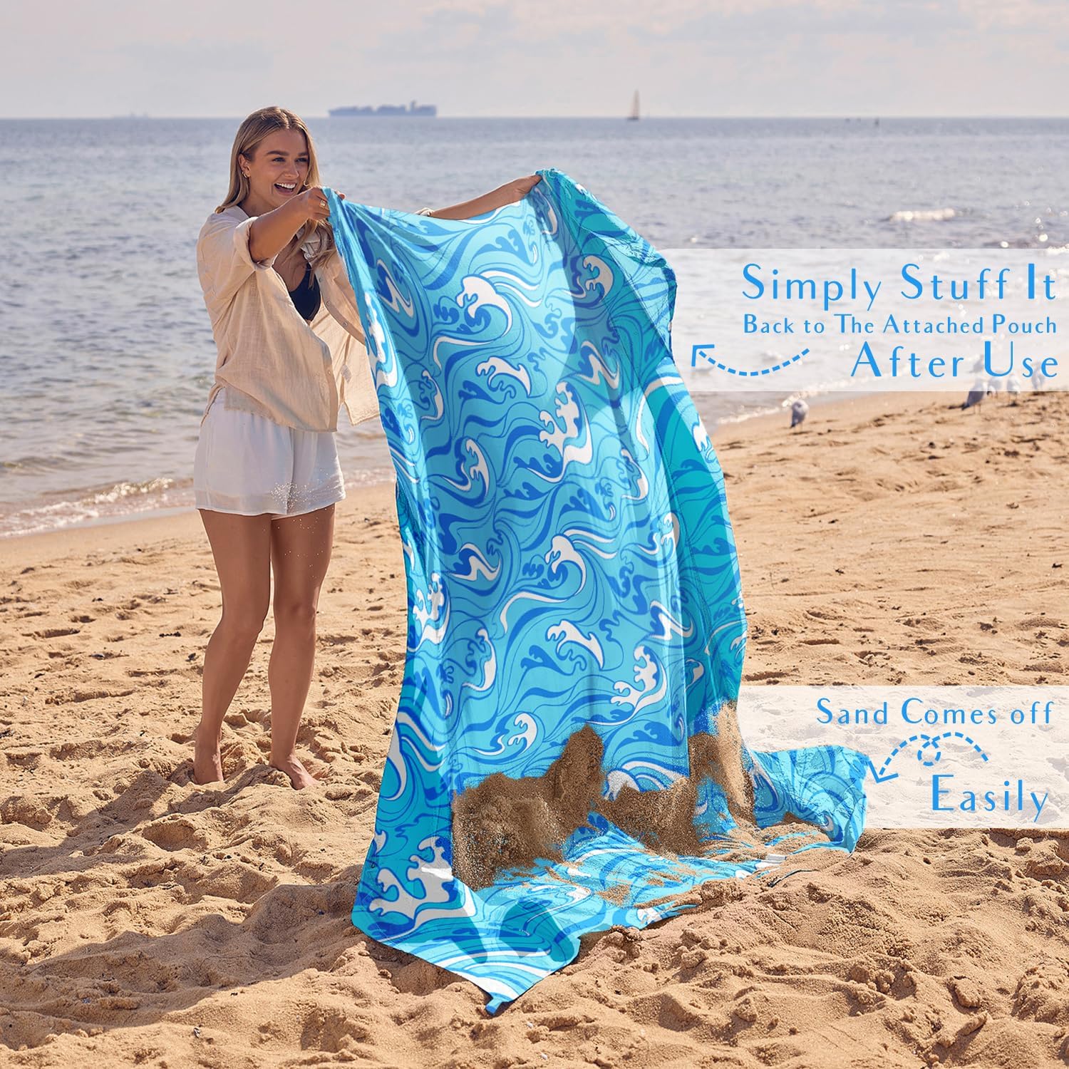 WEKAPO Sand Free Beach Blanket, Blue Ocean Waves
