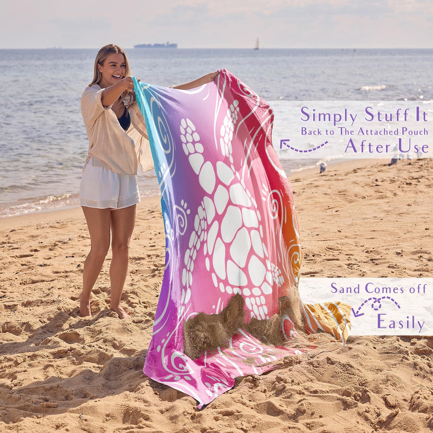 WEKAPO Sand Free Beach Blanket,Pinkish Purple Sea Turtle