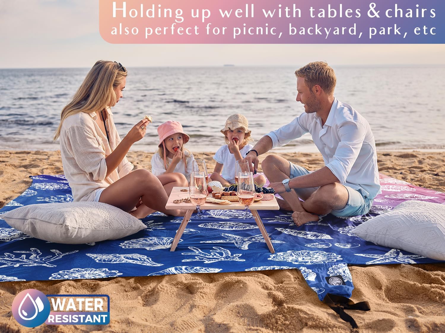 WEKAPO Sand Free Beach Blanket, Deep Blue Sea Shells