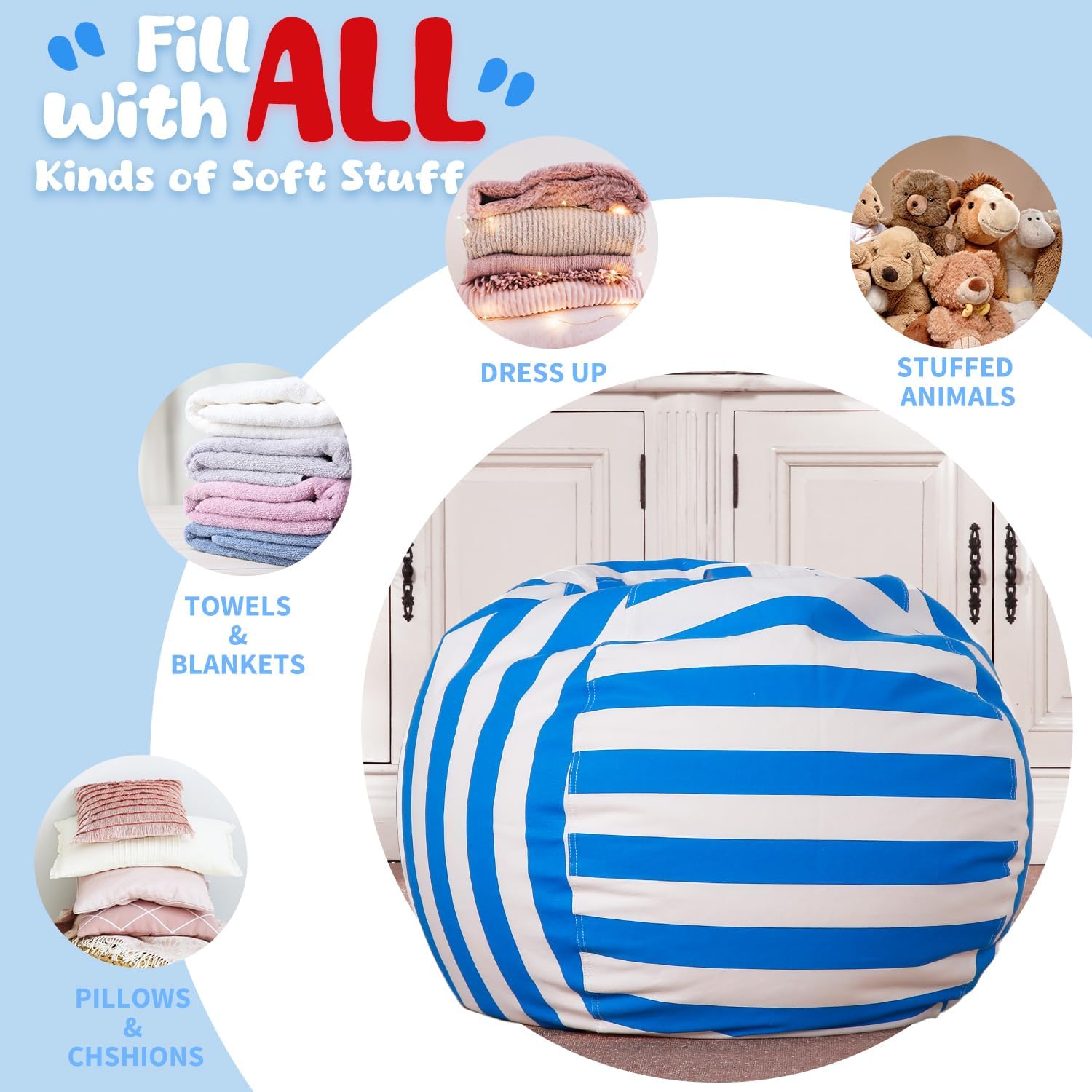 WEKAPO Stuffed Animal Storage Bean Bag Cover,Blue Stripes