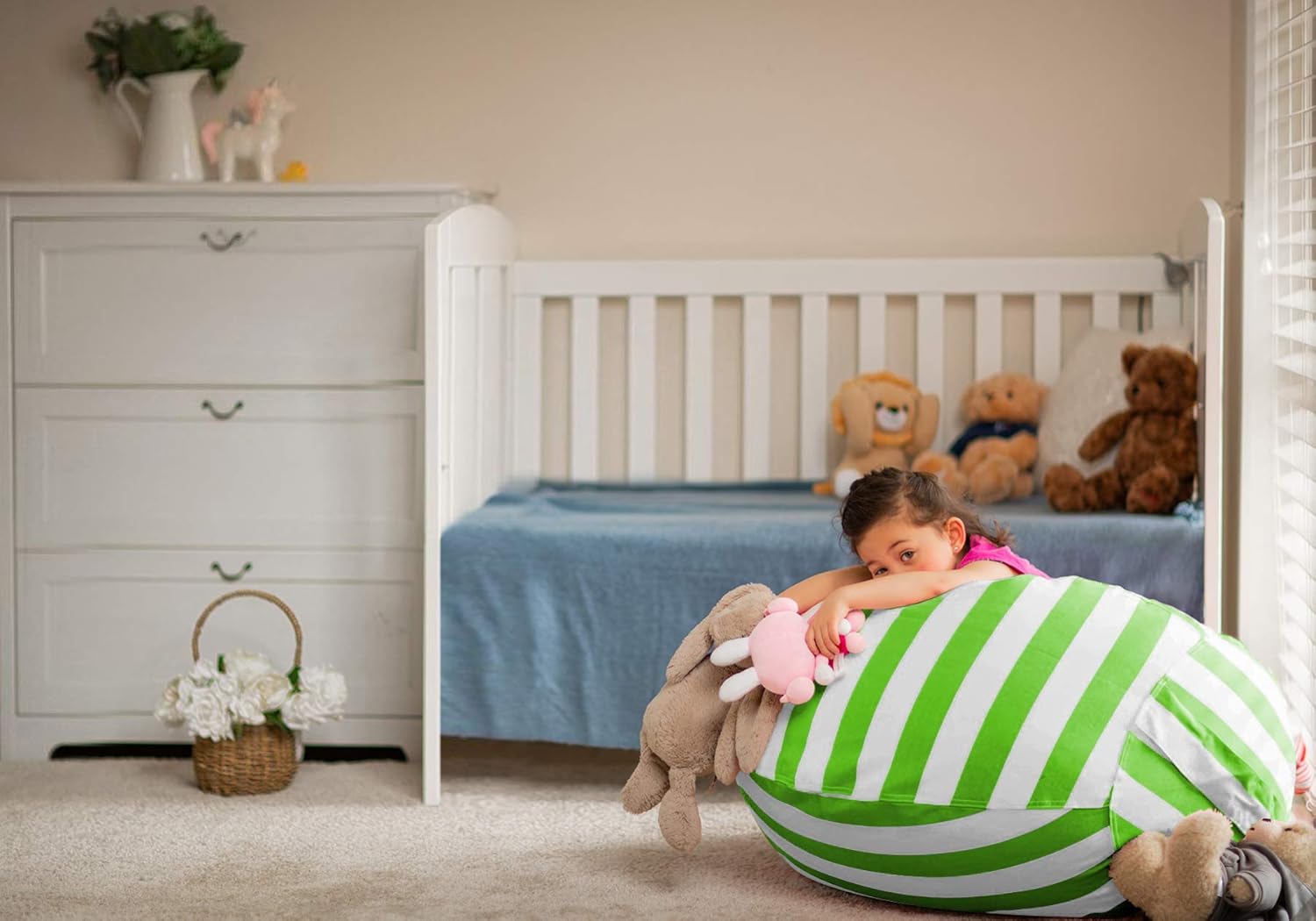 WEKAPO Stuffed Animal Storage Bean Bag Cover,Green Stripes
