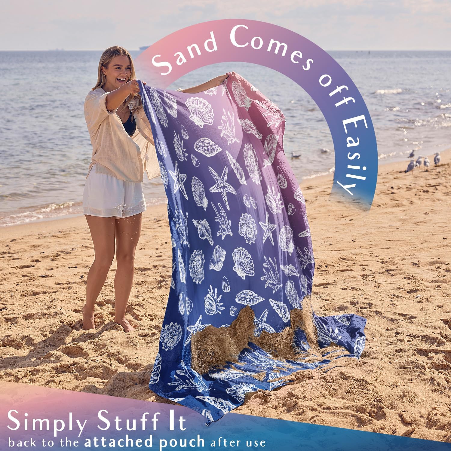 WEKAPO Sand Free Beach Blanket, Deep Blue Sea Shells
