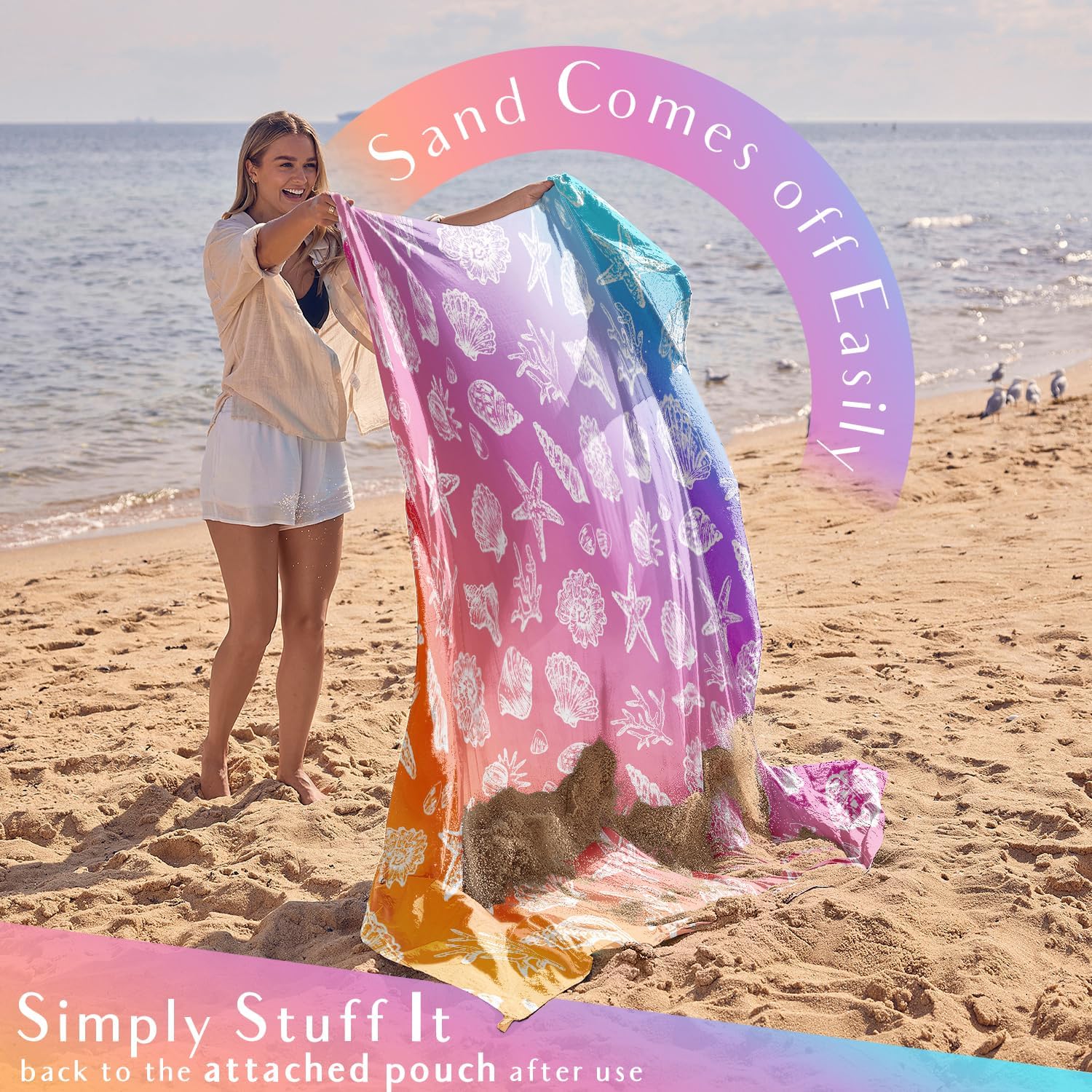 WEKAPO Sand Free Beach Blanket, Pinkish Purple Sea Shells