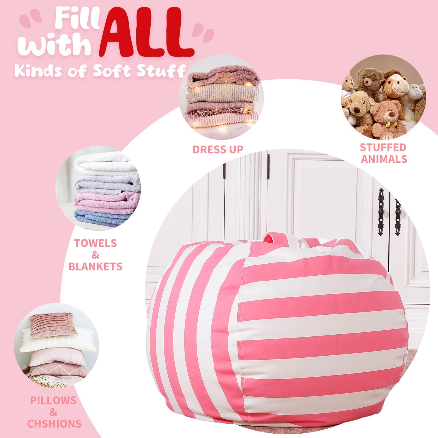 WEKAPO Stuffed Animal Storage Bean Bag Cover,Pink Stripes