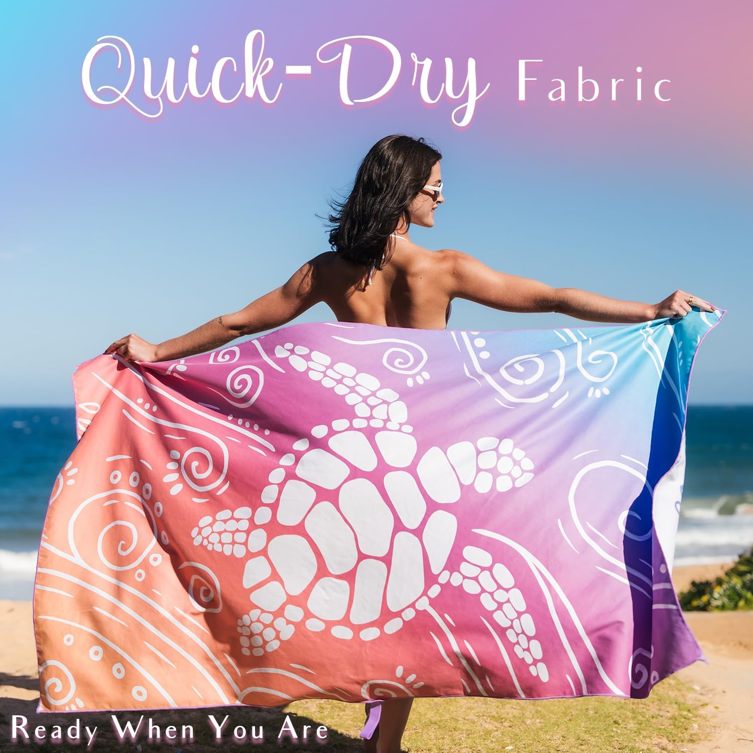 WEKAPO Microfiber Beach Towel,Gradient Rainbow Sea Turtle