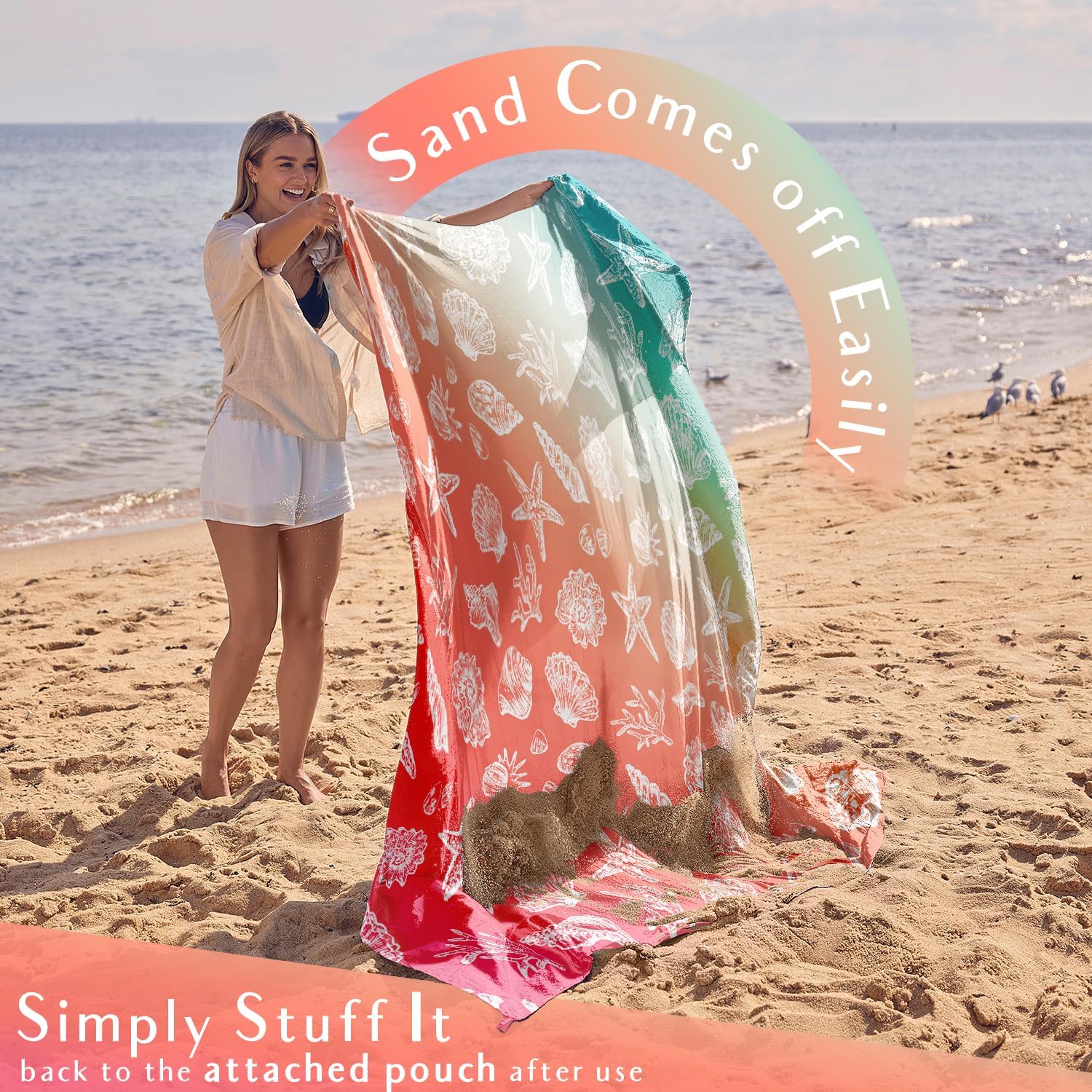 WEKAPO Sand Free Beach Blanket, Coral Sea Shells