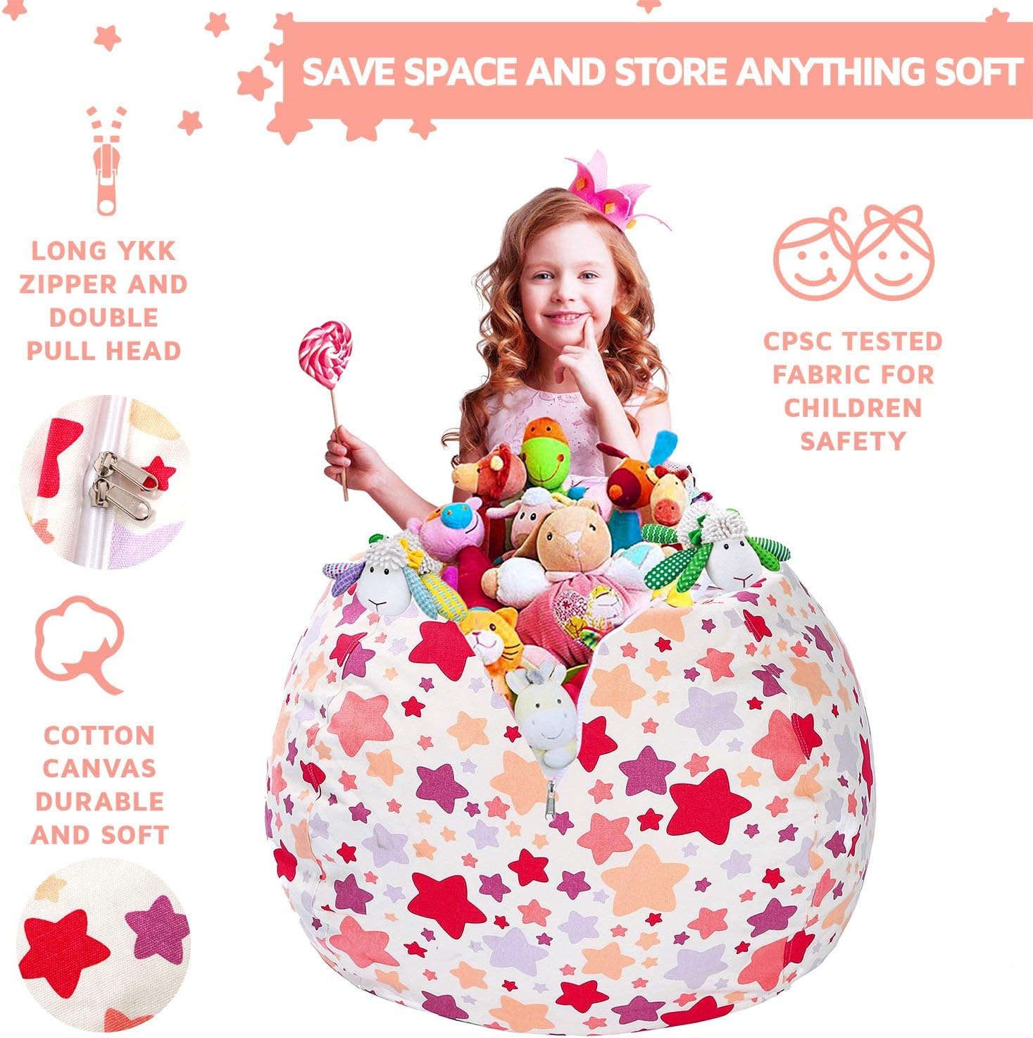 WEKAPO Stuffed Animal Storage Bean Bag Cover,Large star