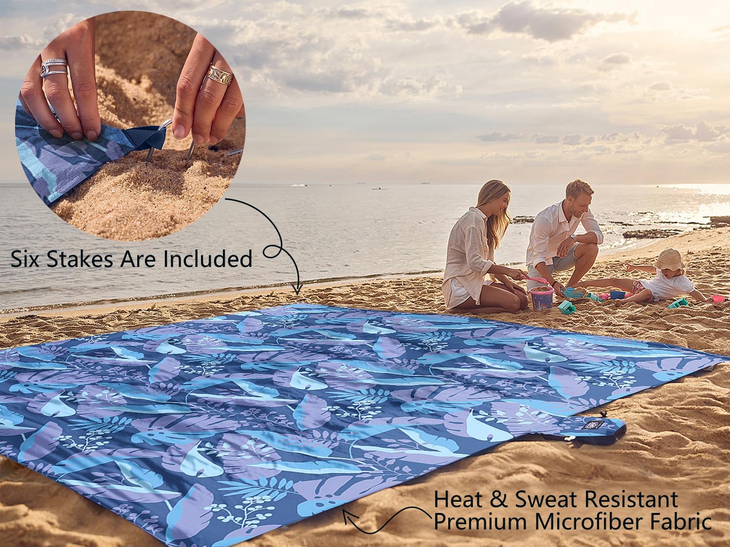 WEKAPO Sand Free Beach Blanket,Blue Leaf
