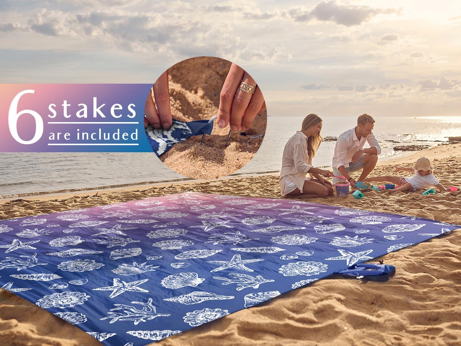 WEKAPO Sand Free Beach Blanket, Deep Blue Sea Shells