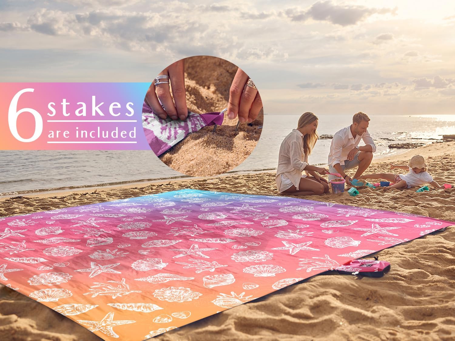 WEKAPO Sand Free Beach Blanket, Pinkish Purple Sea Shells