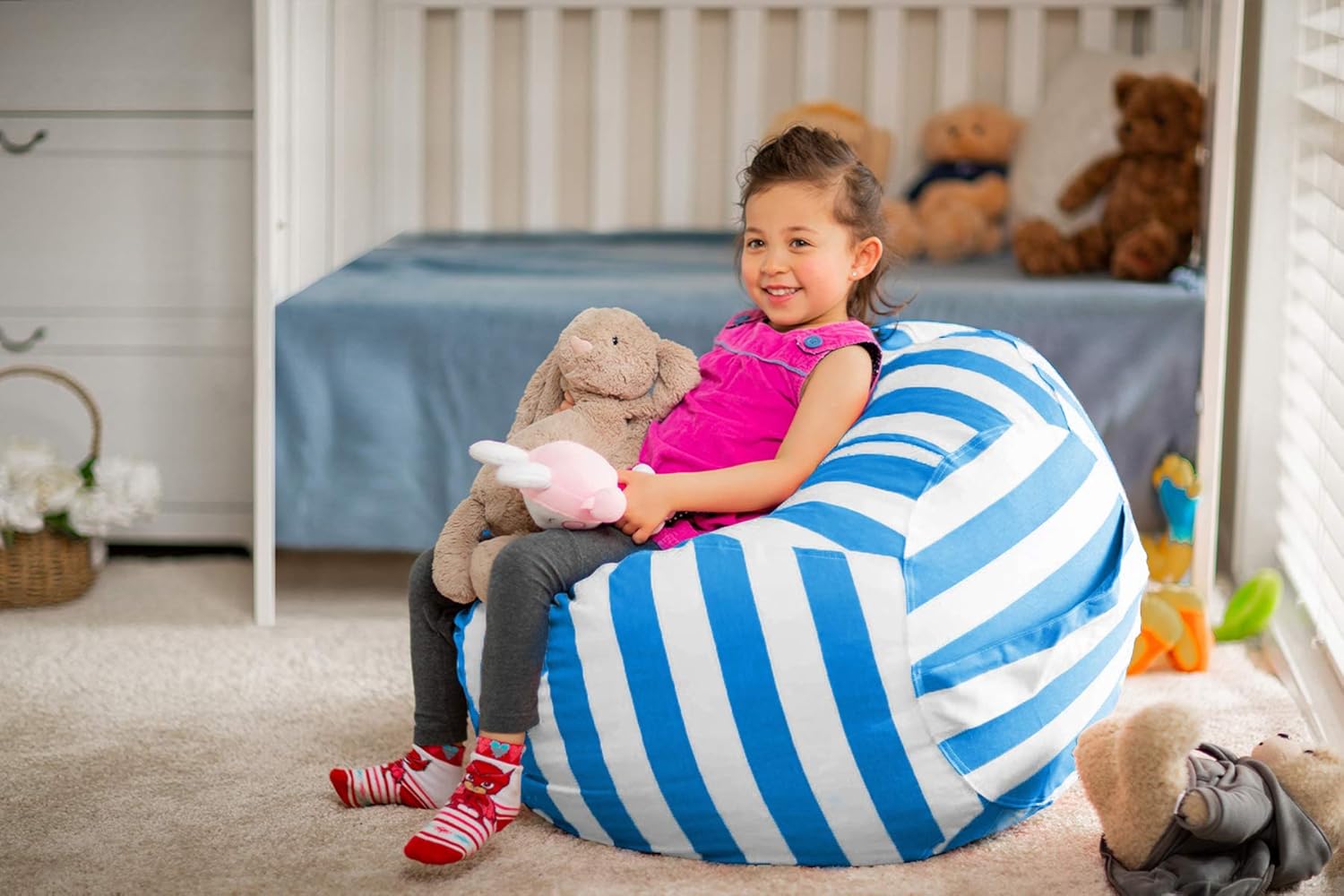 WEKAPO Stuffed Animal Storage Bean Bag Cover,Blue Stripes