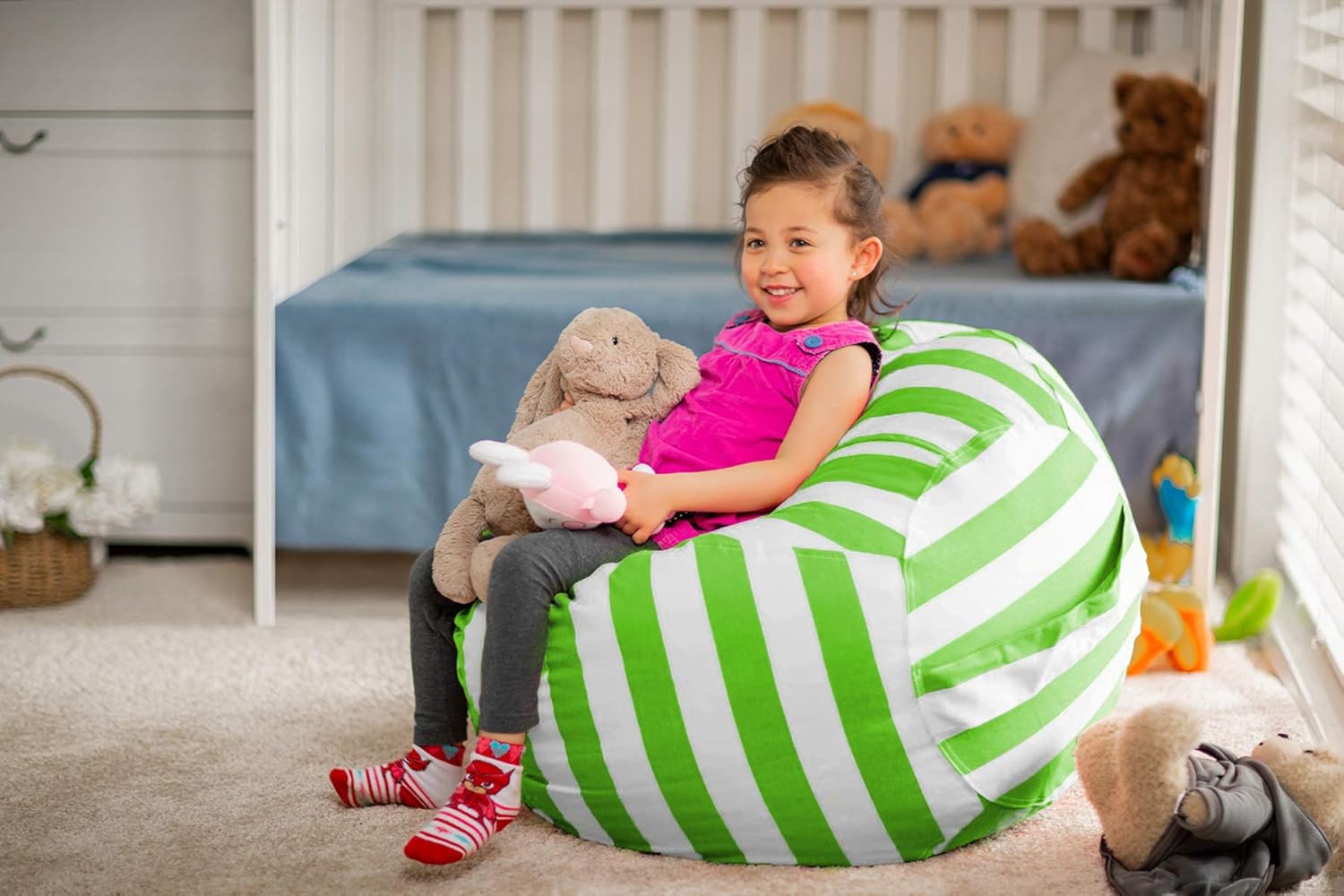 WEKAPO Stuffed Animal Storage Bean Bag Cover,Green Stripes