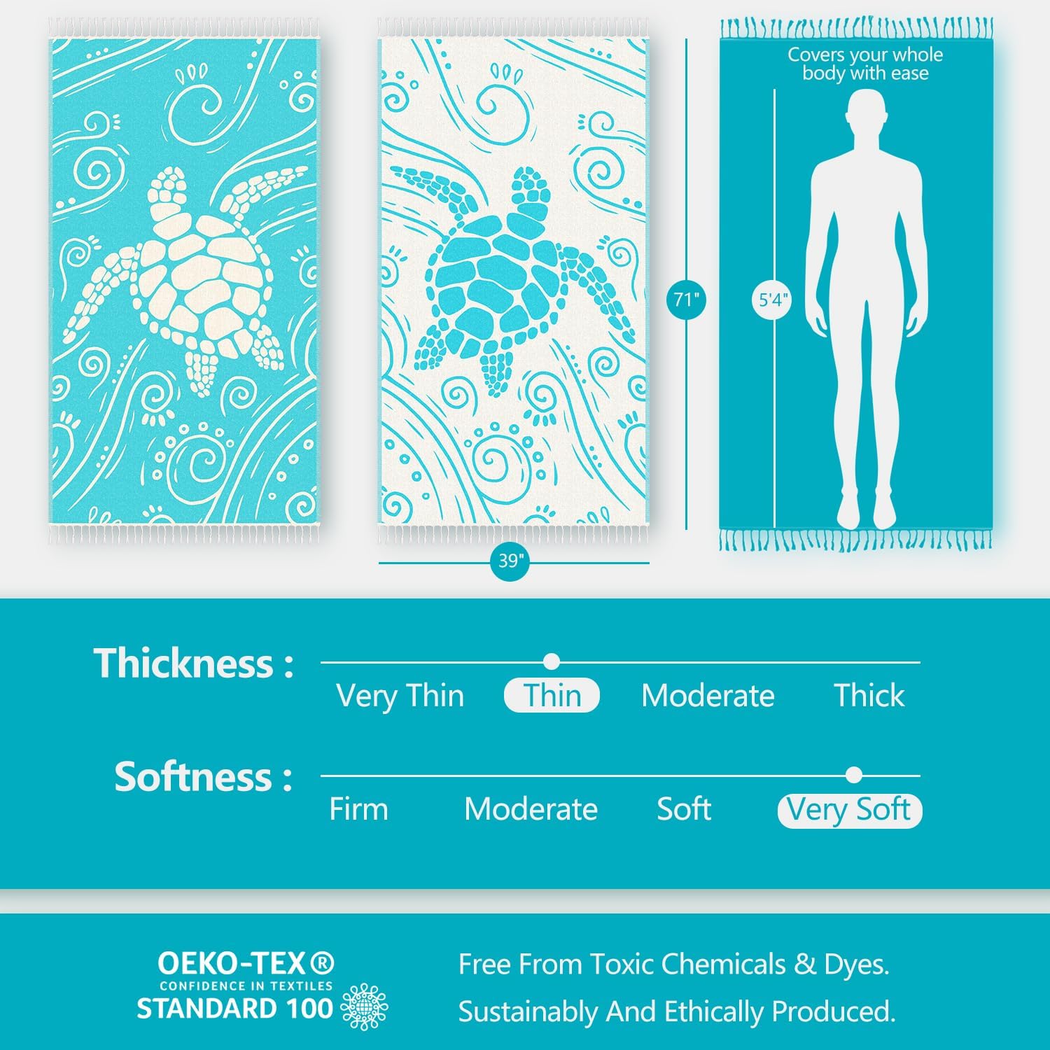 WEKAPO Turkish Beach Towel,Turquoise Sea Turtle