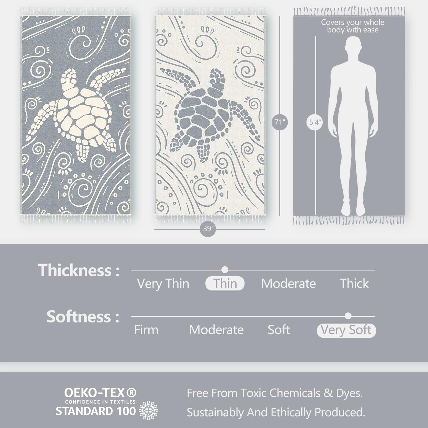 WEKAPO Turkish Beach Towel,Light Grey Sea Turtle