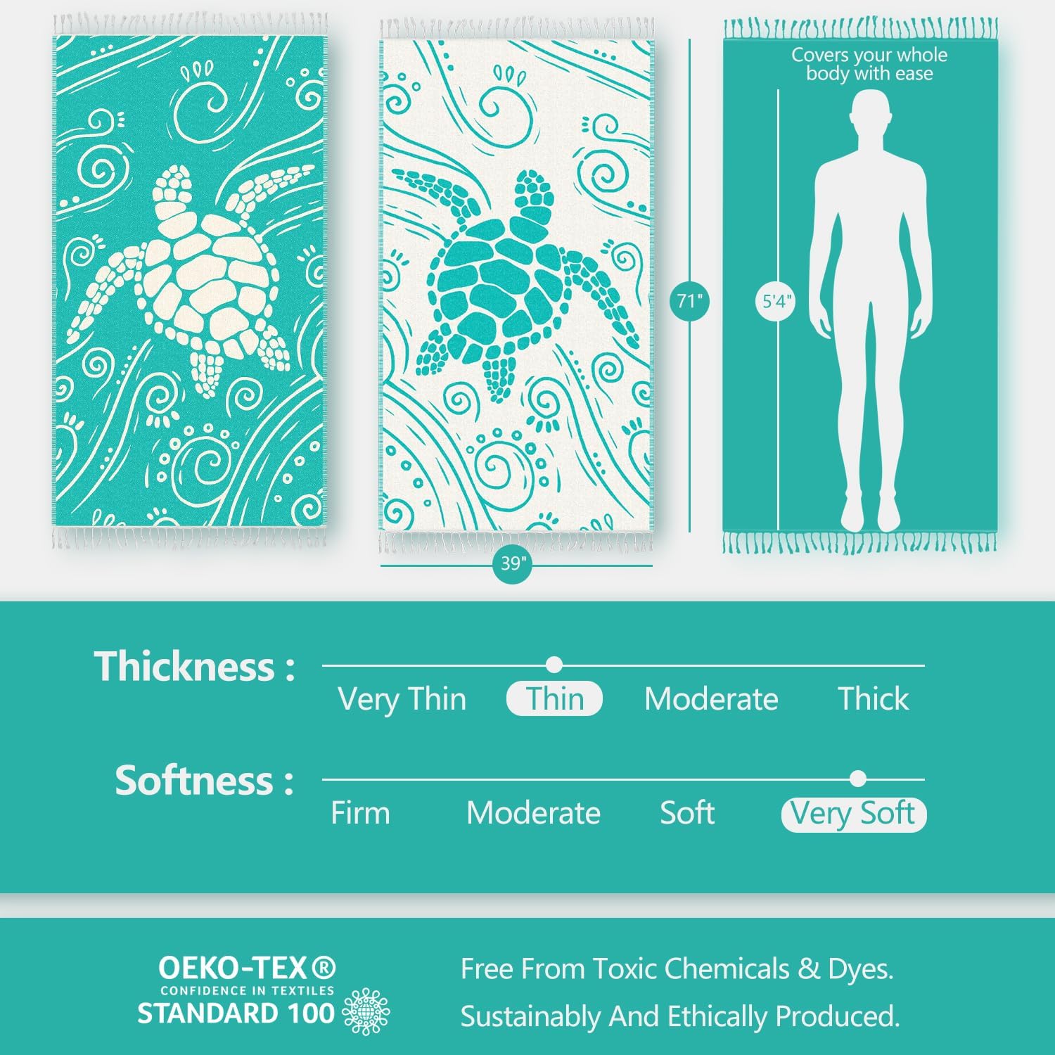 WEKAPO Turkish Beach Towel,Light Teal Sea Turtle