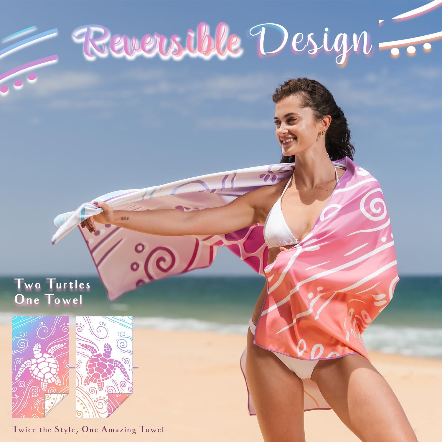 WEKAPO Microfiber Beach Towel,Gradient Rainbow Sea Turtle