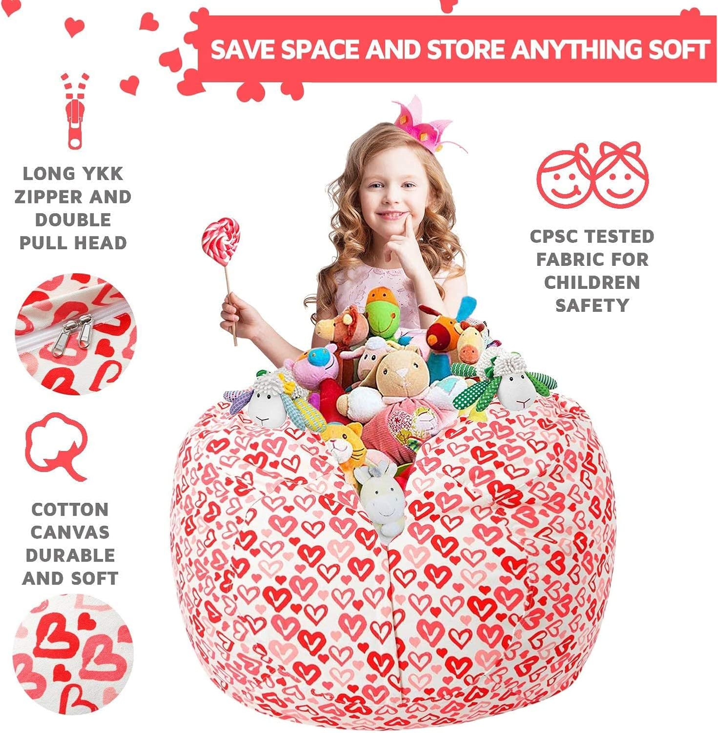 WEKAPO Stuffed Animal Storage Bean Bag Cover,Heart