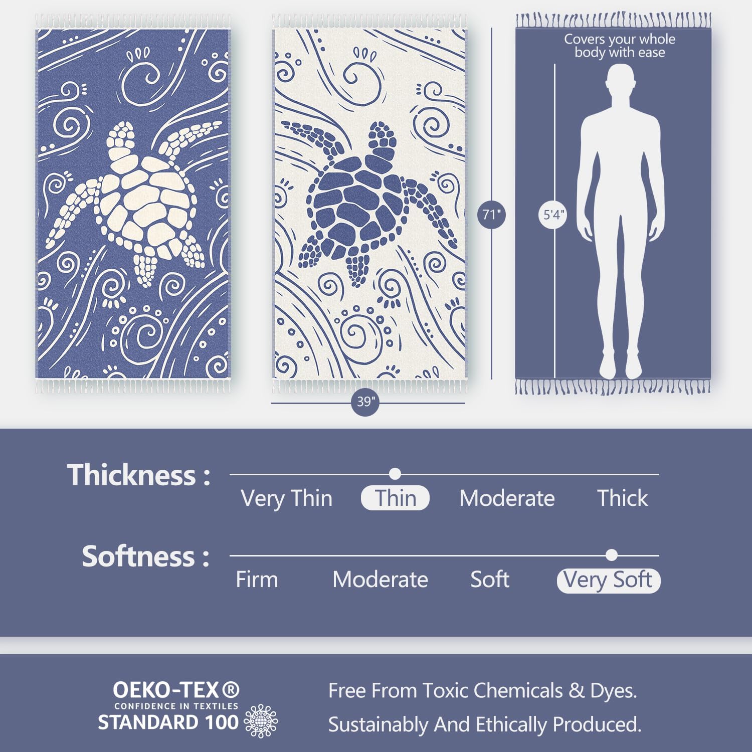 WEKAPO Turkish Beach Towel,Light Navy Sea Turtle