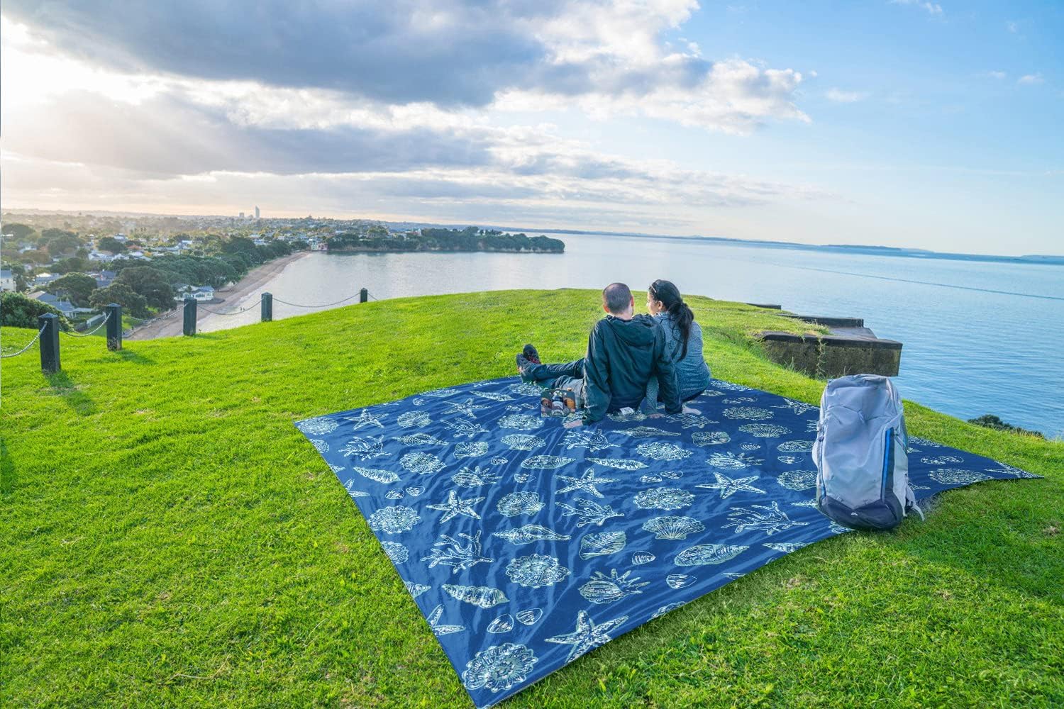 WEKAPO Sand Free Beach Blanket,Blue Sea Shells