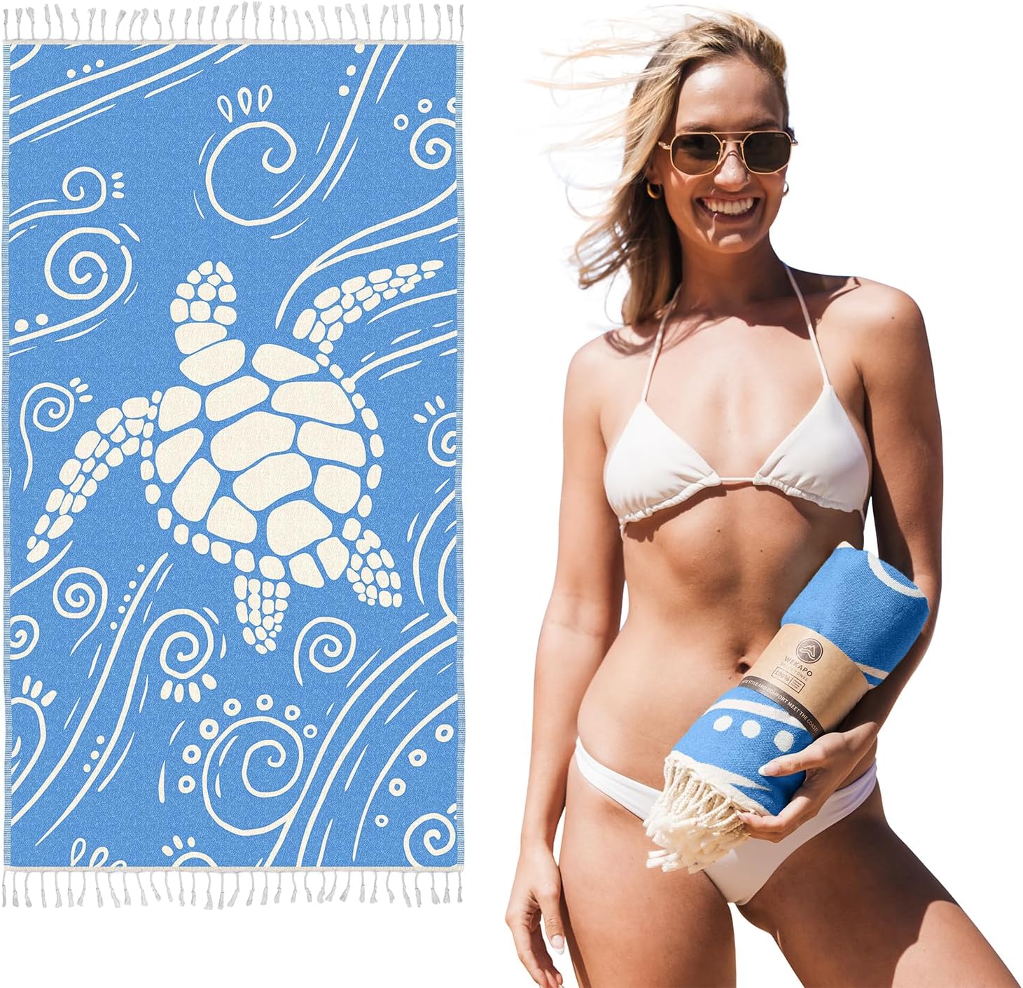 WEKAPO Turkish Beach Towel,Light Blue Sea Turtle