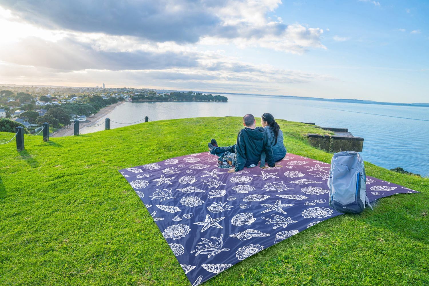 WEKAPO Sand Free Beach Blanket, Deep Blue Sea Shells