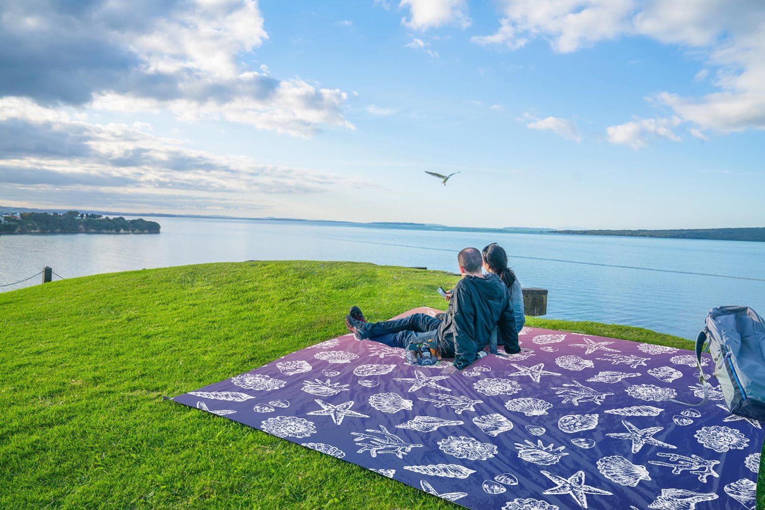 WEKAPO Sand Free Beach Blanket, Deep Blue Sea Shells