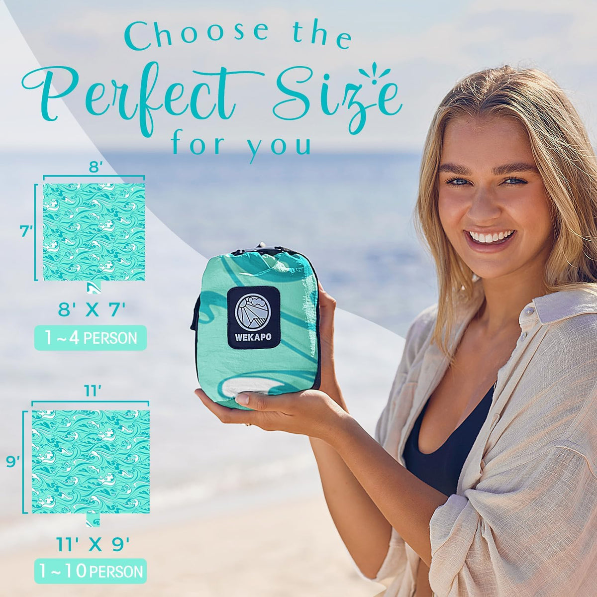 WEKAPO Sand Free Beach Blanket,Turquoise Ocean Waves