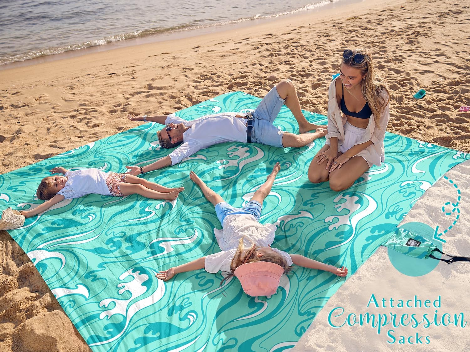 WEKAPO Sand Free Beach Blanket,Turquoise Ocean Waves
