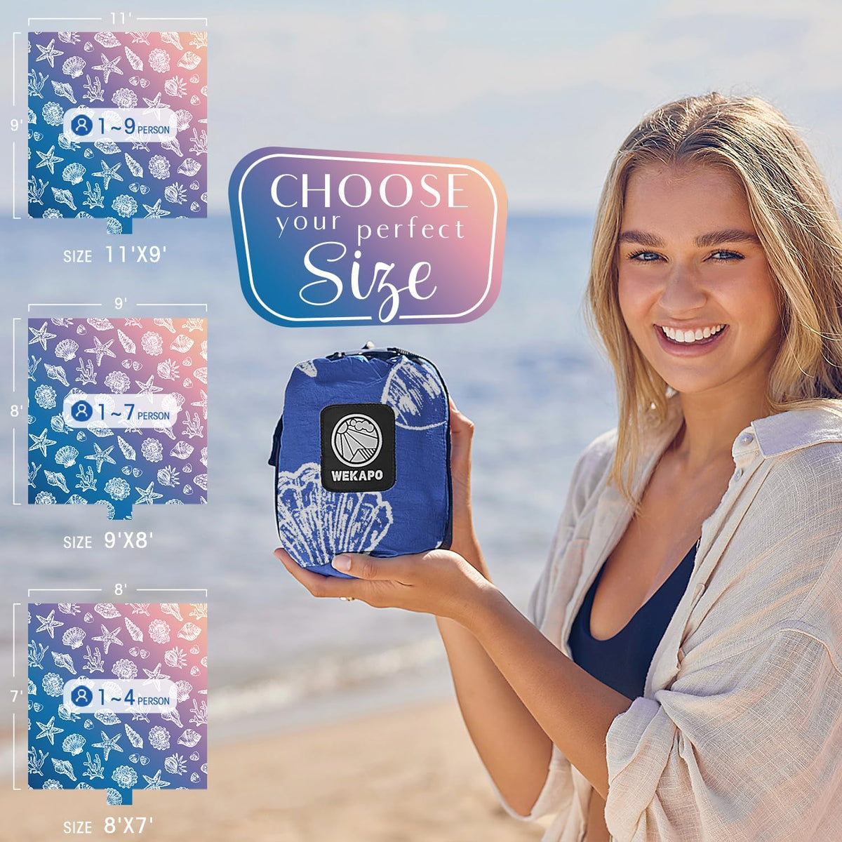 WEKAPO Sand Free Beach Blanket, Deep Blue Sea Shells