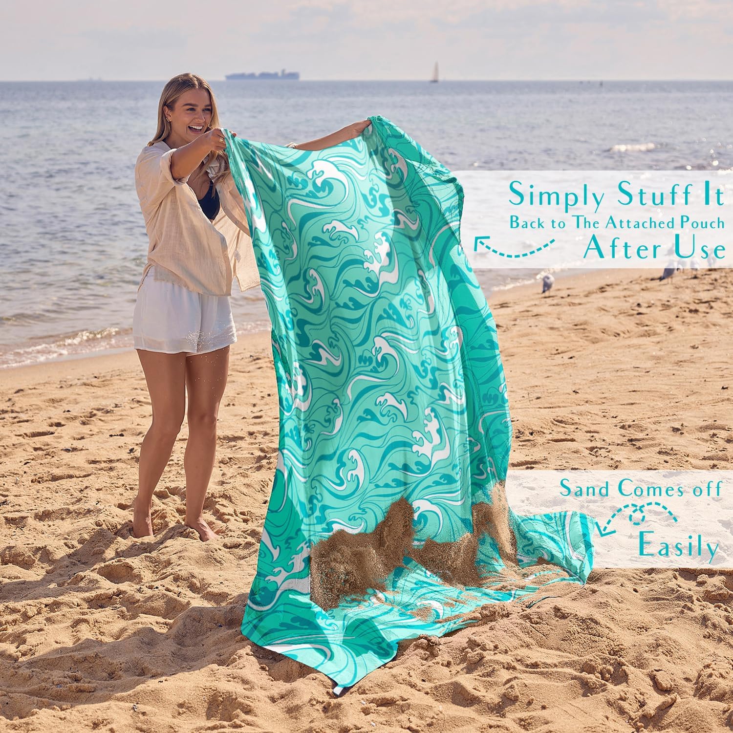 WEKAPO Sand Free Beach Blanket,Turquoise Ocean Waves