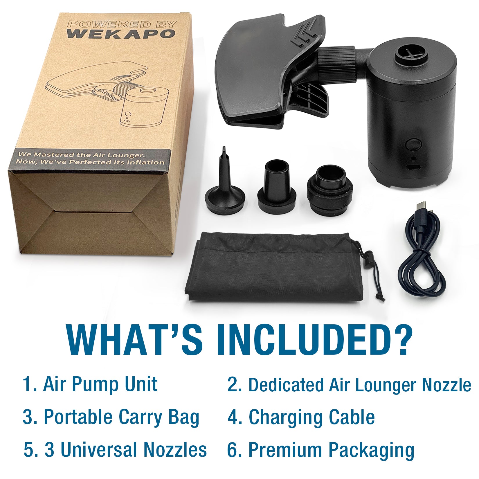 WEKAPO Portable Electric Air Pump & Nozzle Set for Air Loungers