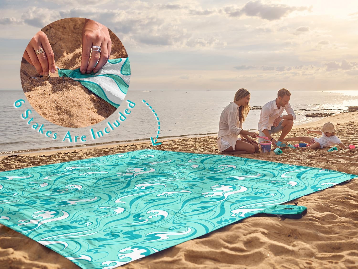 WEKAPO Sand Free Beach Blanket,Turquoise Ocean Waves