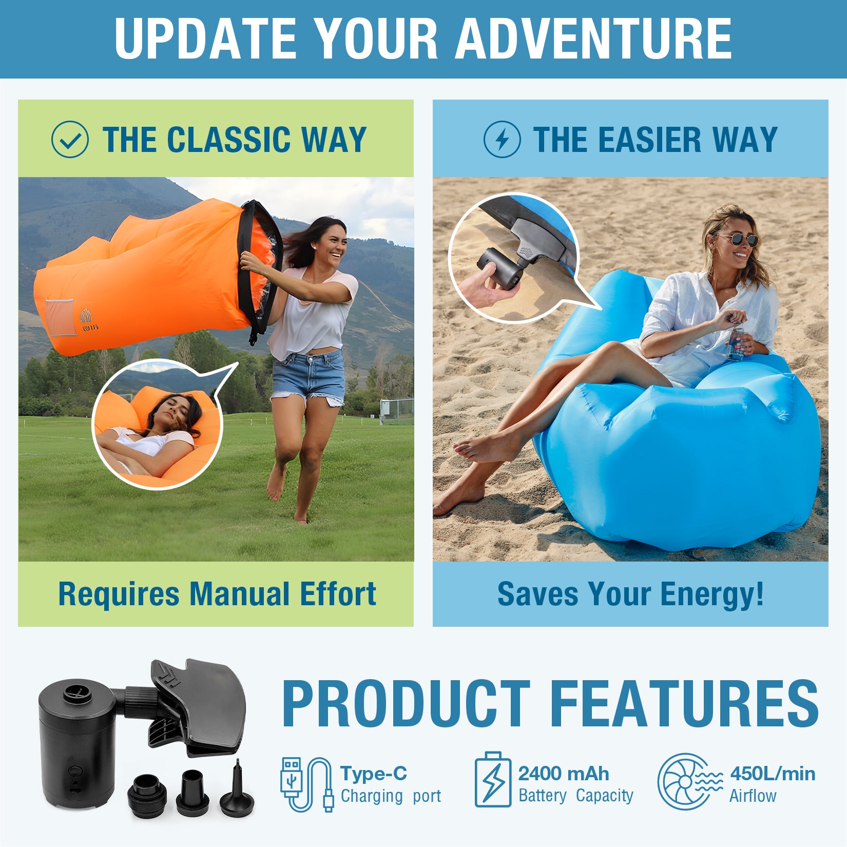 WEKAPO Portable Electric Air Pump & Nozzle Set for Air Loungers