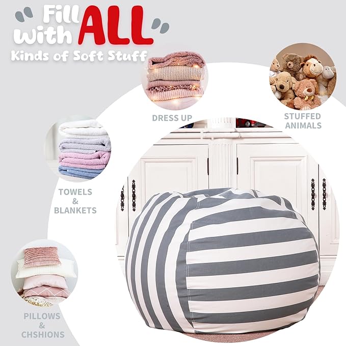 WEKAPO Stuffed Animal Storage Bean Bag Cover,Gray Stripes
