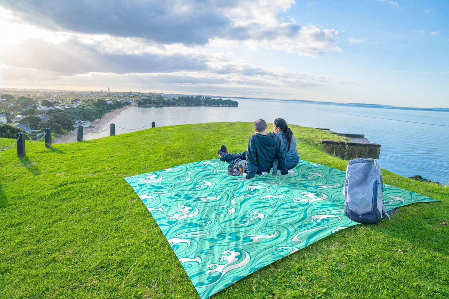 WEKAPO Sand Free Beach Blanket,Turquoise Ocean Waves