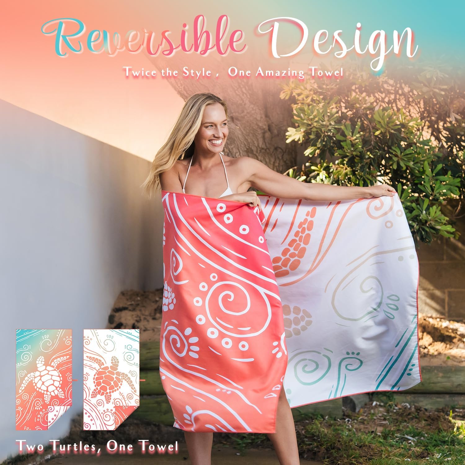 WEKAPO Microfiber Beach Towel,Gradient Coral Sea Turtle